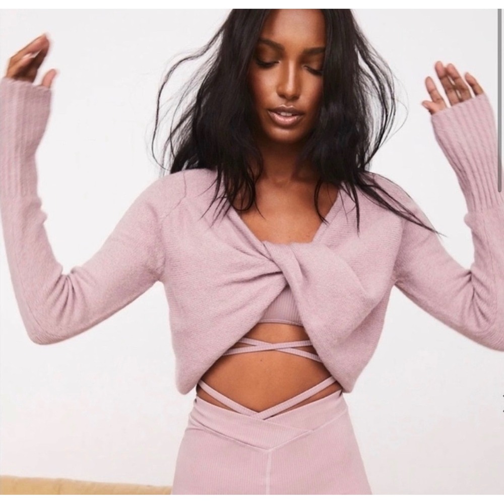 For Love & Lemons Mila Mauve Pink Twist Front Cropped Knit Sweater Small
